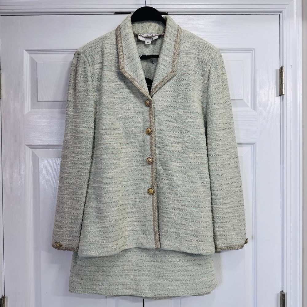 St John Couture Knit Mint Green White Gold Jacket Skirt Suit Size 12 Old Money